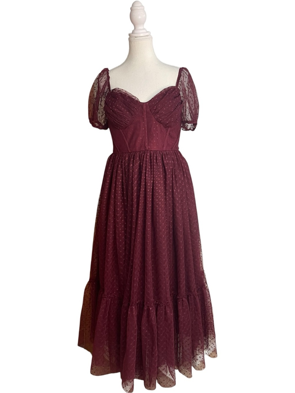 Lulus Sweet Amor Tulle Tiered Bustier Midi Dress Burgundy